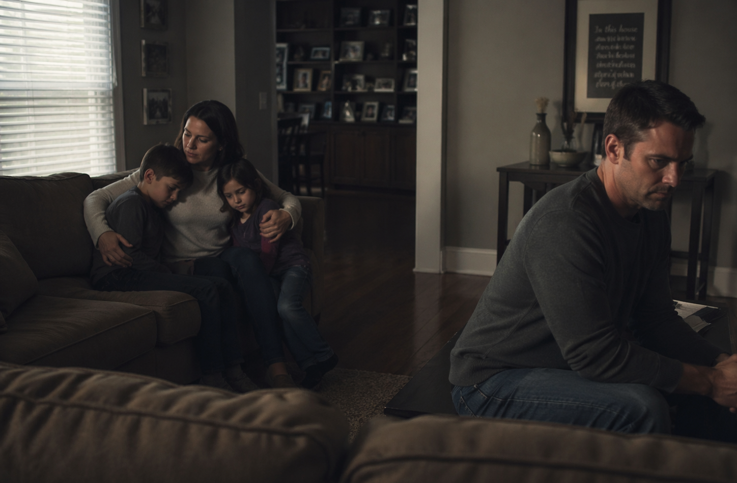 Family in emotional distress, sitting apart in living room.